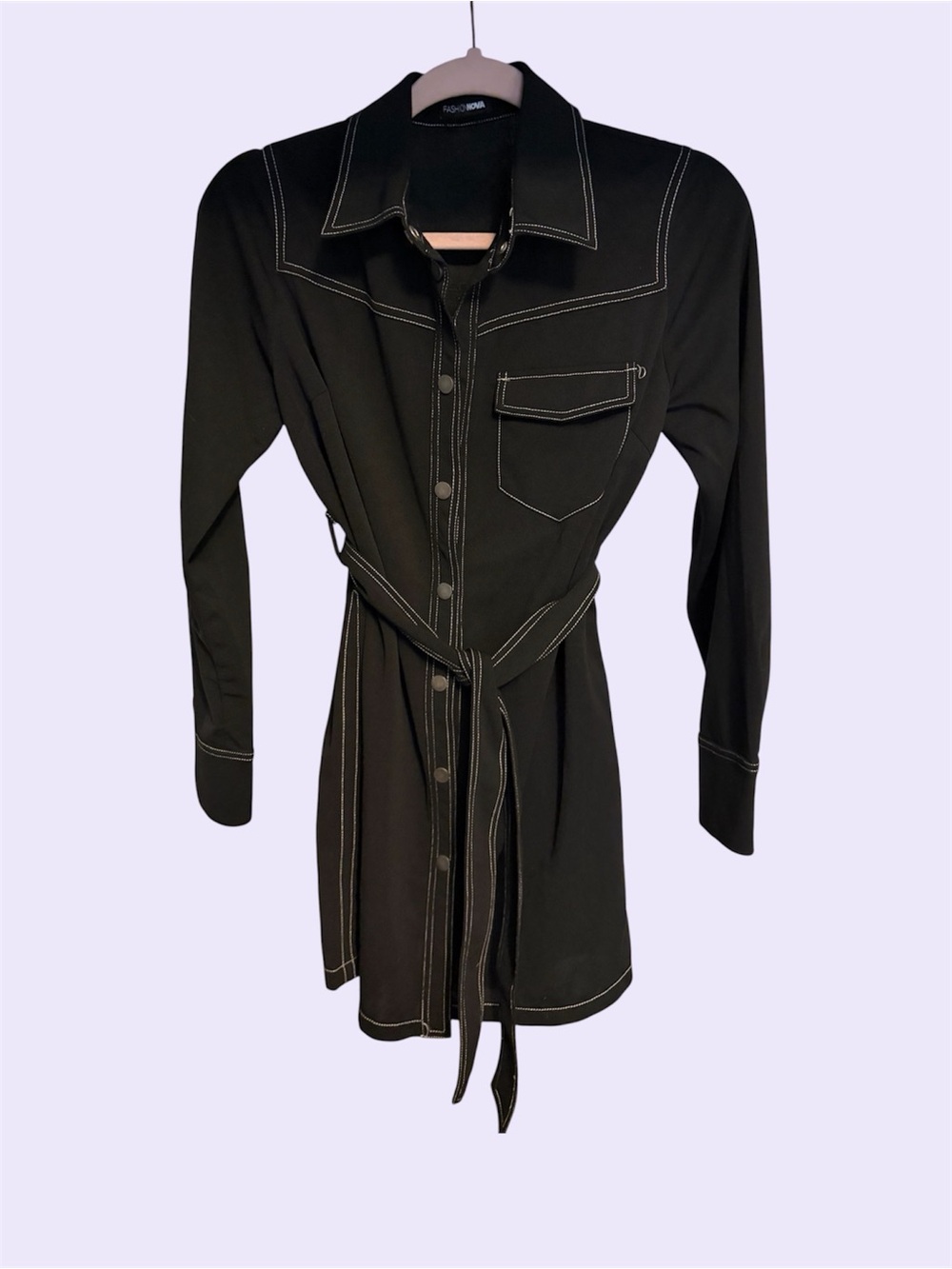Fashion Nova Black Contrast-Stitch Midi Shirt Dress